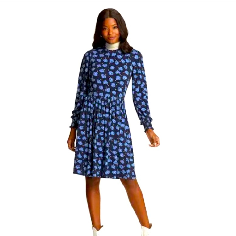NWT DRAPER JAMES Blue Multi Women's Long Sleeve Smocked Cuff Knit Dress, Size S